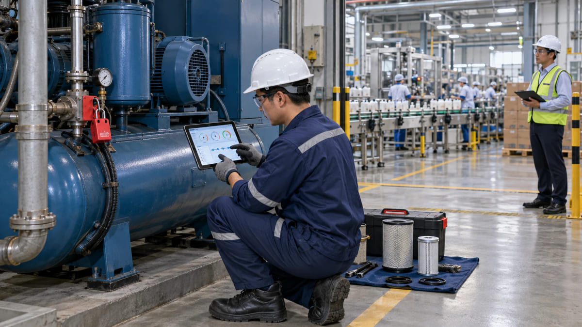 Kỹ thuật viên bảo trì kiểm tra máy nén khí bằng CMMS trong thời gian bảo dưỡng có kế hoạch.