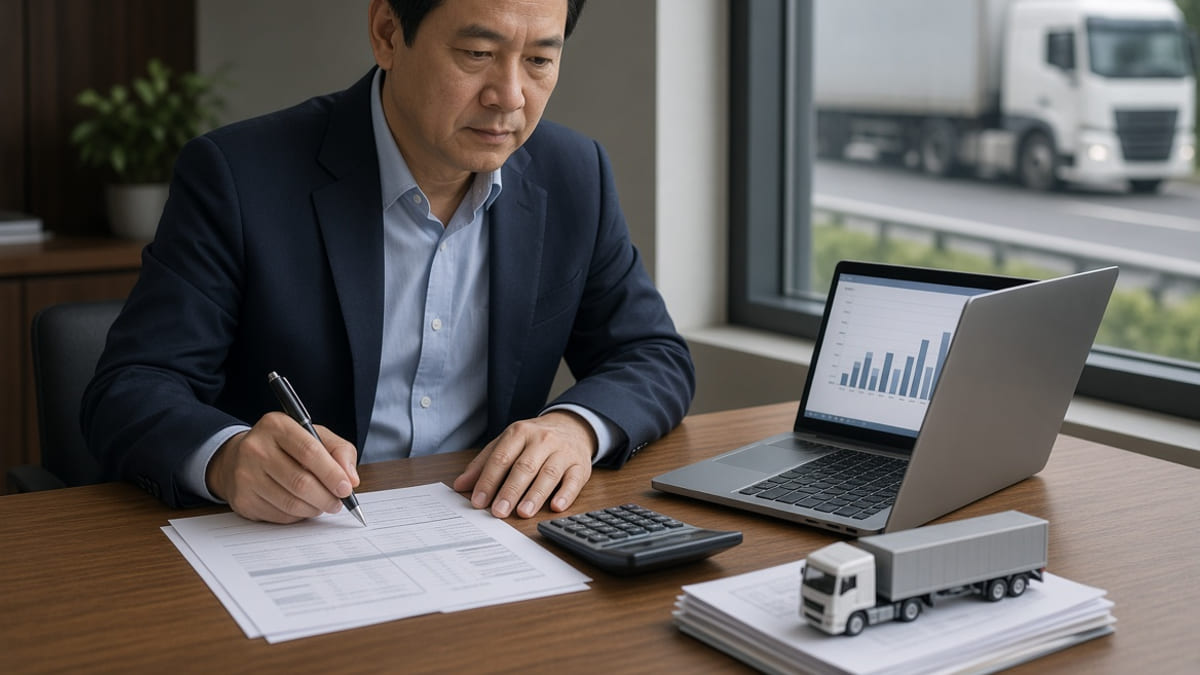 CFO tính chi phí vận tải với máy tính + xe chạy ngoài cửa sổ.