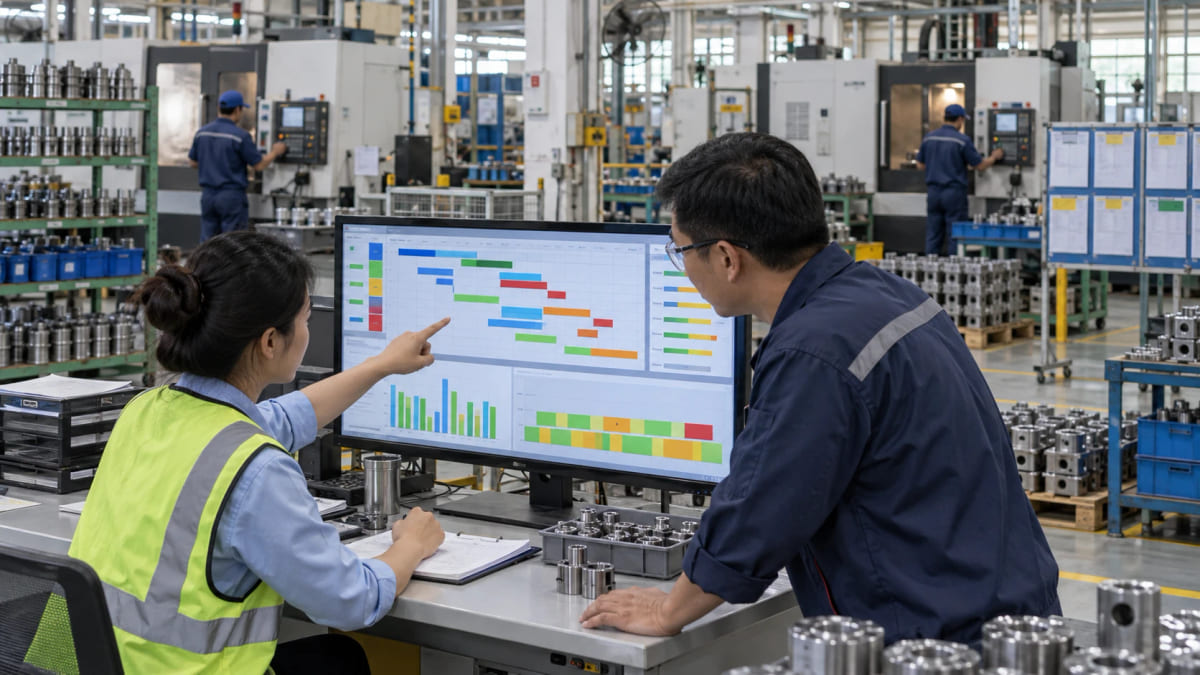 Nhân viên kế hoạch cân đối lịch máy, vật tư và công suất trên màn hình tại xưởng cơ khí.