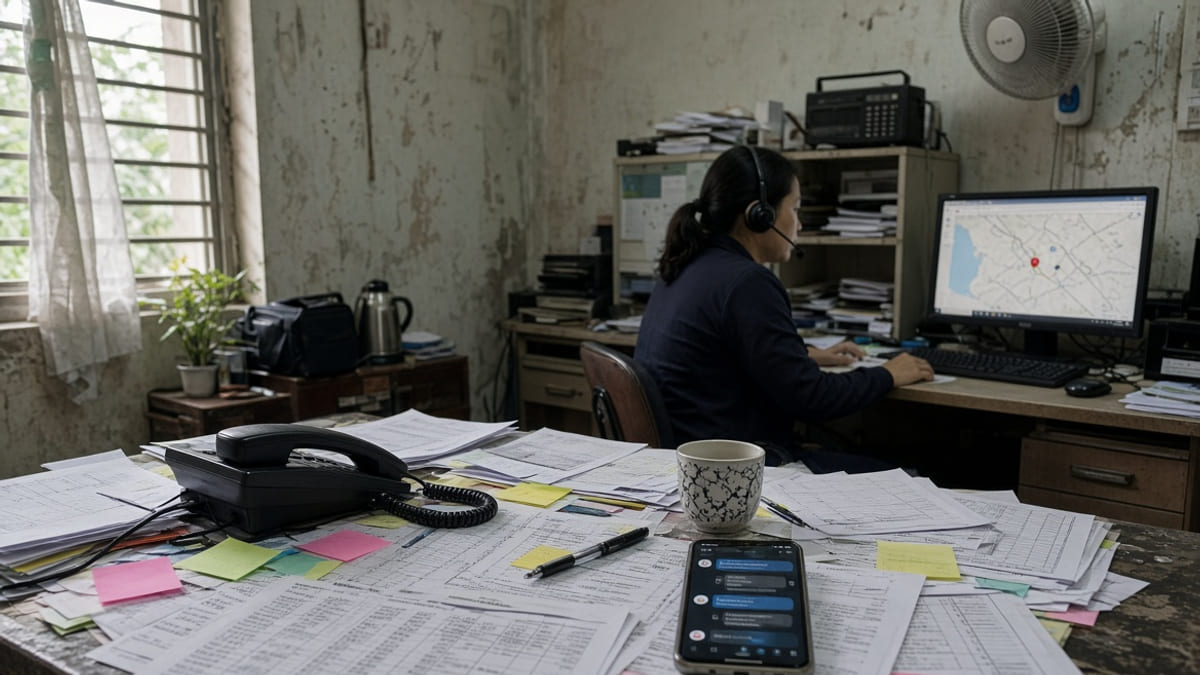 Bàn giấy Excel/Zalo lộn xộn phía trước, màn hình bản đồ phía sau — tương phản hai cách điều xe.