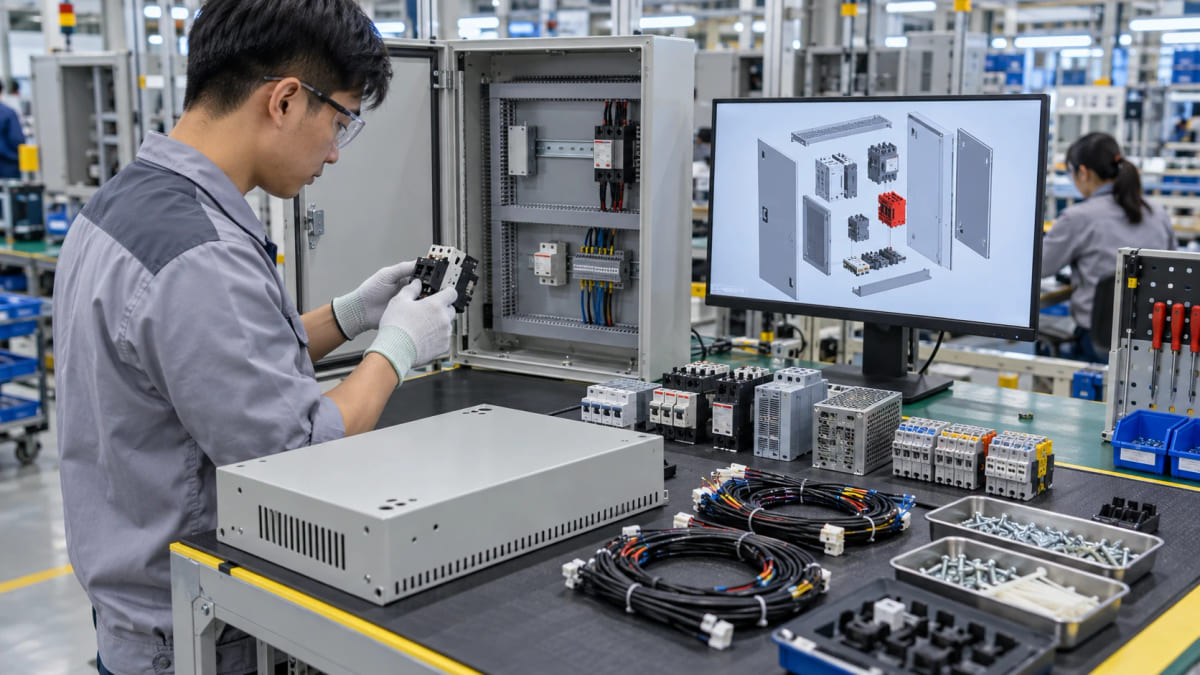 Kỹ sư đối chiếu tủ điện, linh kiện thực tế và mô hình BOM dạng lắp tách.