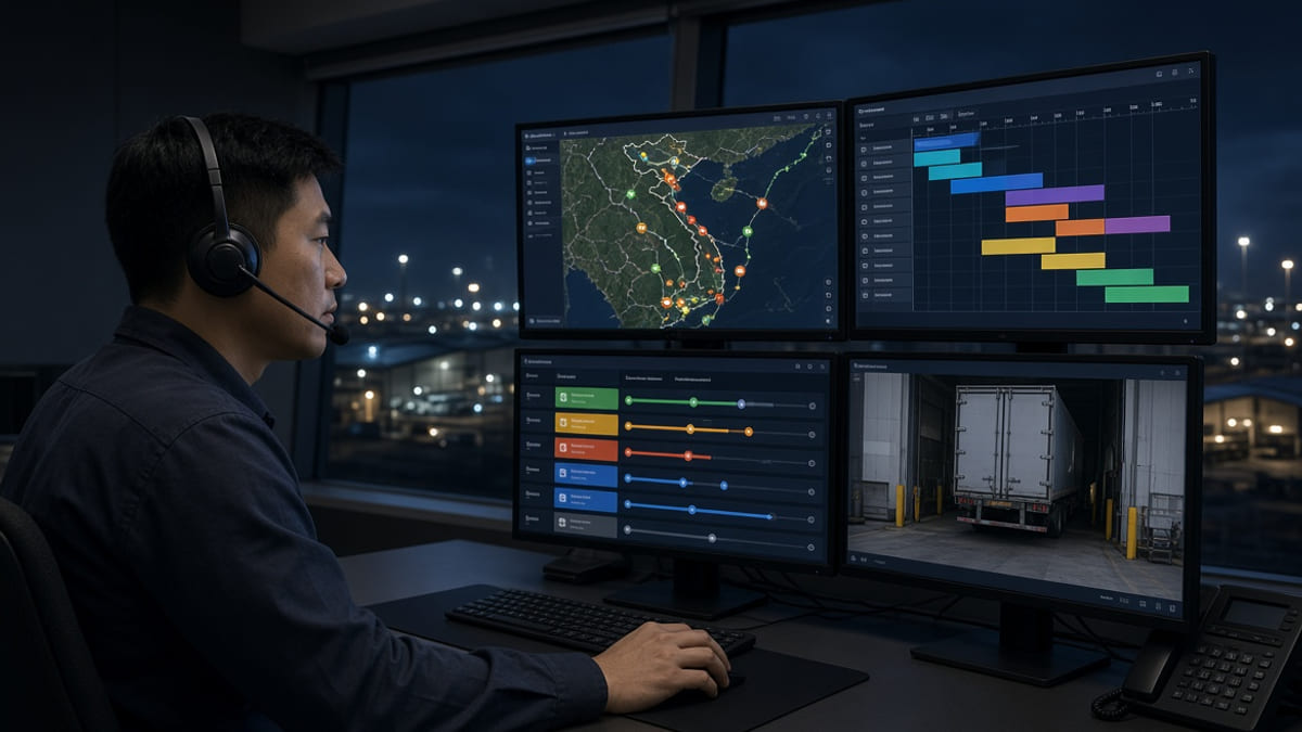 Control tower TMS: bản đồ VN, ghép chuyến, ETA, camera cửa thùng.