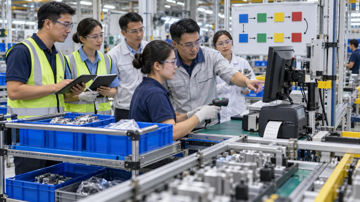 Nhóm dự án đào tạo thao tác phần mềm tại dây chuyền trong giai đoạn triển khai thử nghiệm.