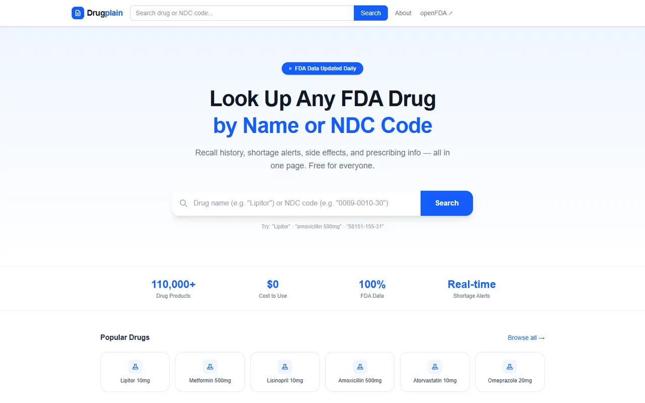Giao diện trang chủ drugplain.com — tra cứu danh mục thuốc được FDA phê duyệt