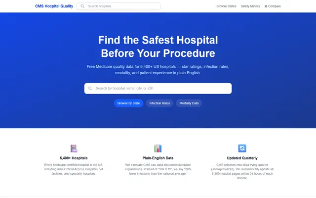 Giao diện hospitallookup.com — tìm kiếm và đánh giá bệnh viện tại Hoa Kỳ
